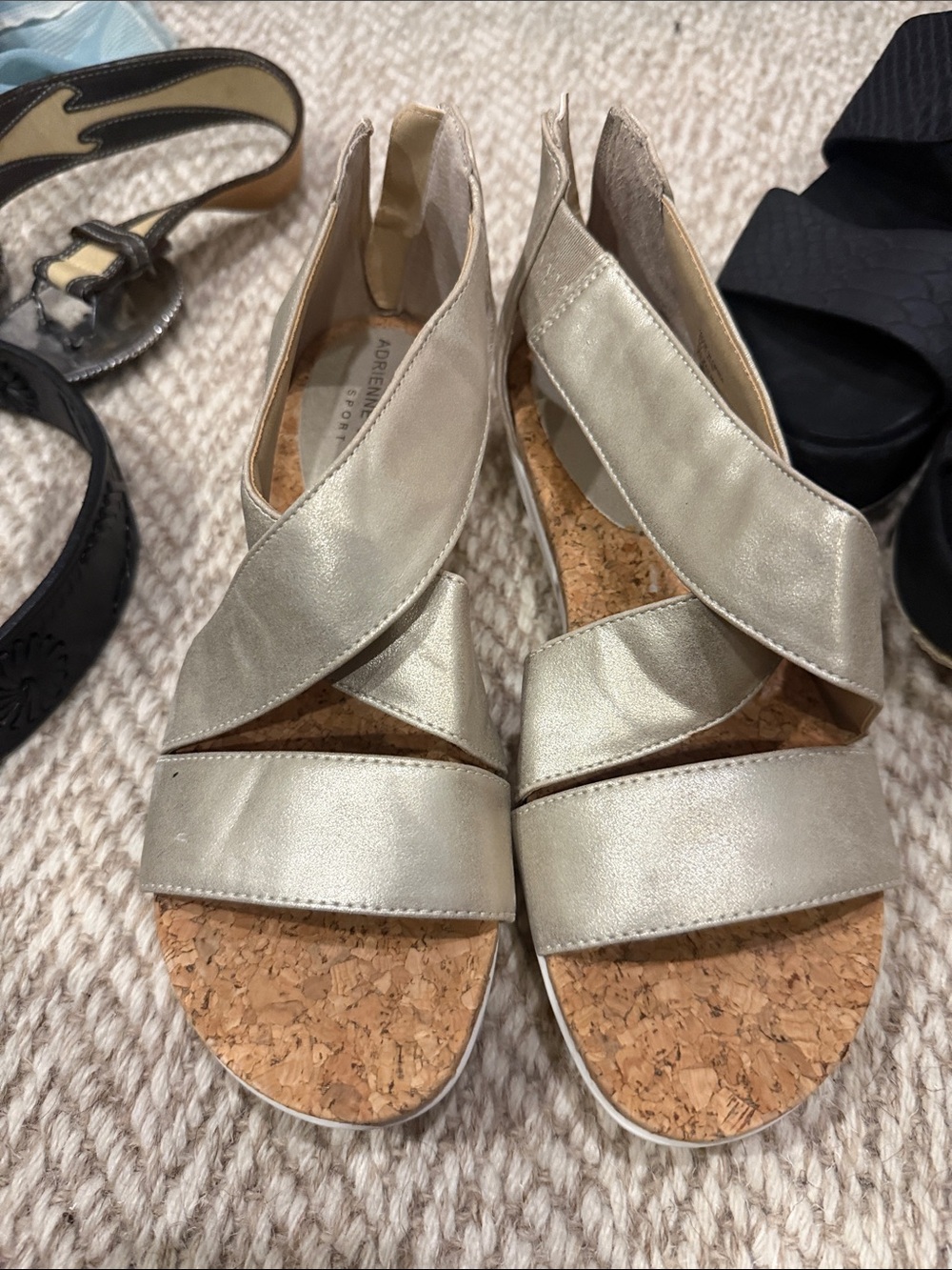 Adrienne Vittadini Metallic Champagne Cork Wedge Sandals